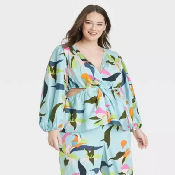 A NEW DAY Bright Tropical Floral LongSleeve v Neck Cutout top Size 2XL - Picture 1 of 7